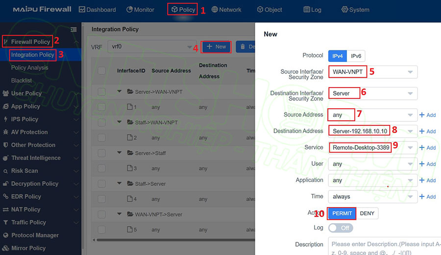 cấu hình firewall policycho phép client từ internet có thể remote vào