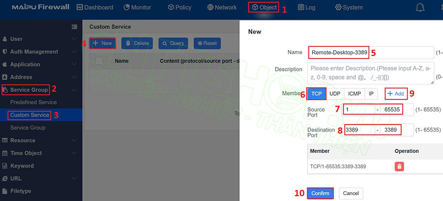 tạo service group cho remote desktop port 3389