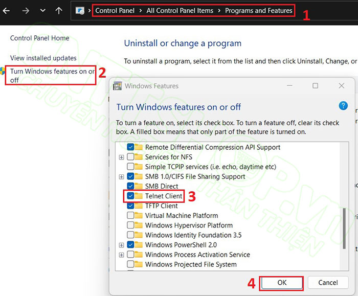 bật telnet client để kiểm tra port dịch vụ đã hoạt động hay chưa