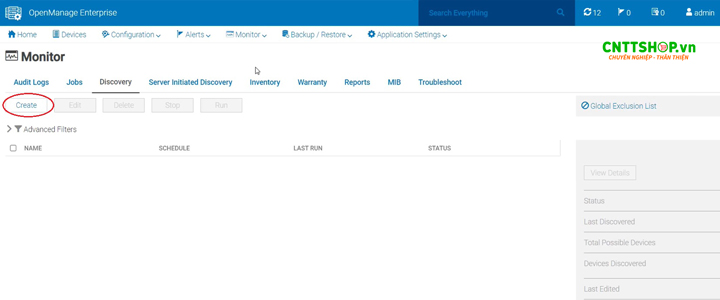  Sau khi vào giao diện quản trị, trên thanh Menu, các bạn vào Monitor> Discovery, Chọn Create.