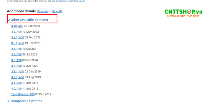 kéo xuống dưới chọn phần Other Available Versions để hiển thị các phiên bản cũ.