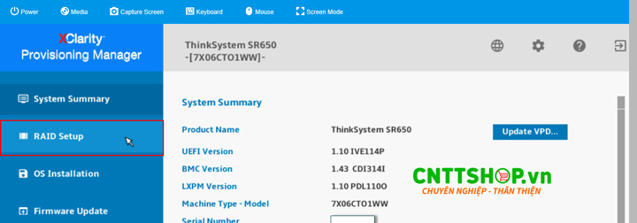 B2. Sau khi vào được giao diện quản trị Lenovo XClarity Provisioning Manager, chọn RAID Setup để vào phần cấu hình.