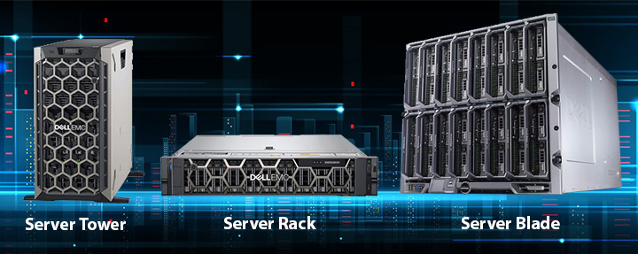 Máy chủ có 3 loại thiết kế là Server Tower, Server Rack, Server Blade