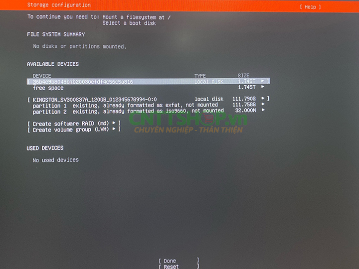 Chọn ổ cứng cài đặt Ubuntu