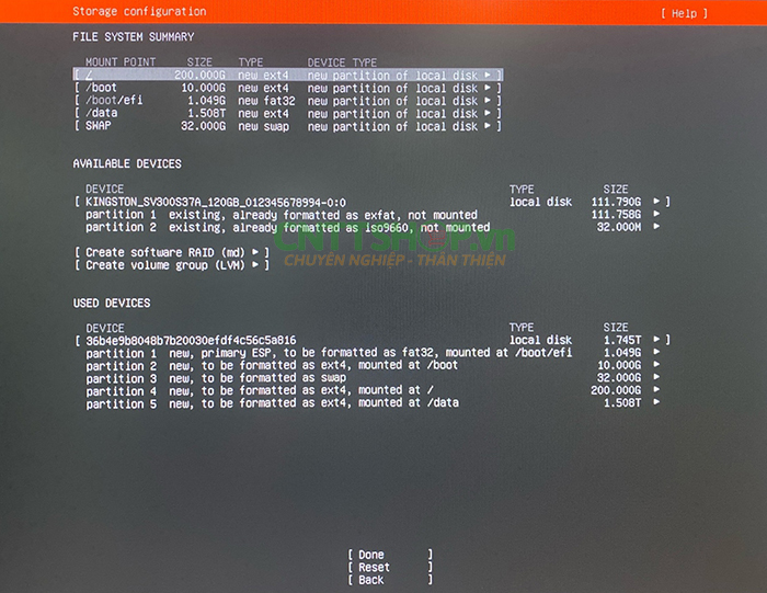 Storage configuration: đã tạo đủ /, /boot, /boot/efi, swap và /data trên Ubuntu