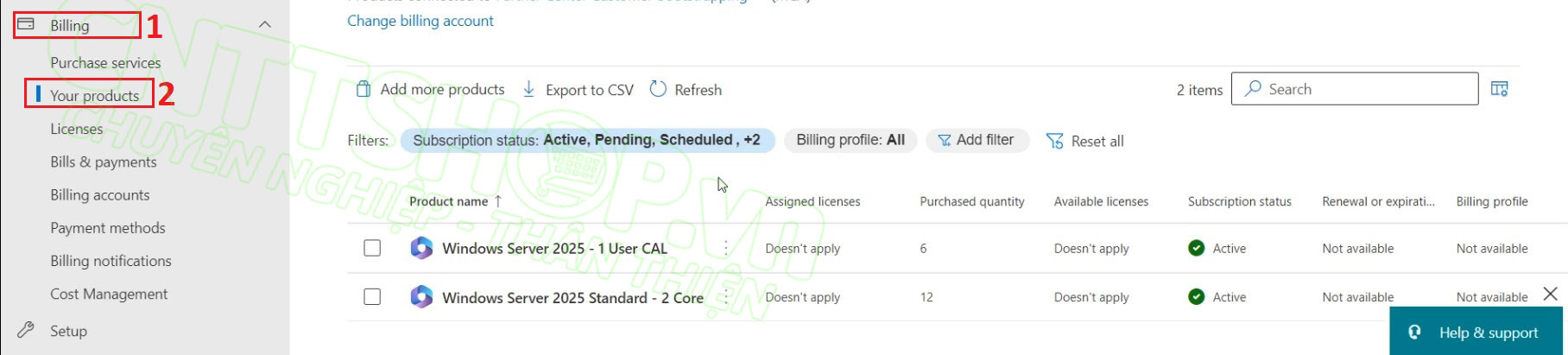 vào menu billing > your products để xem các license đã mua