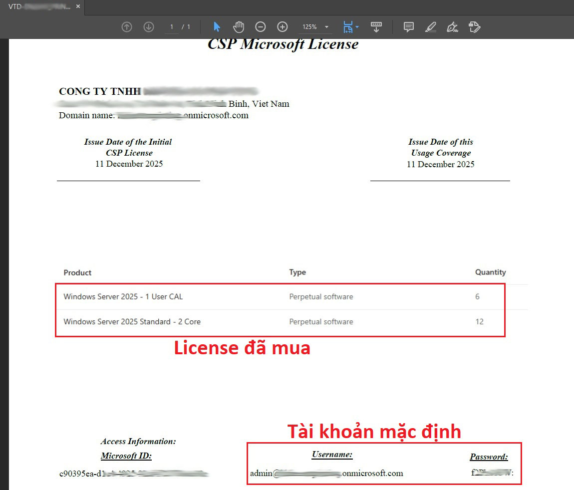 thông tin license được microsoft gửi về email