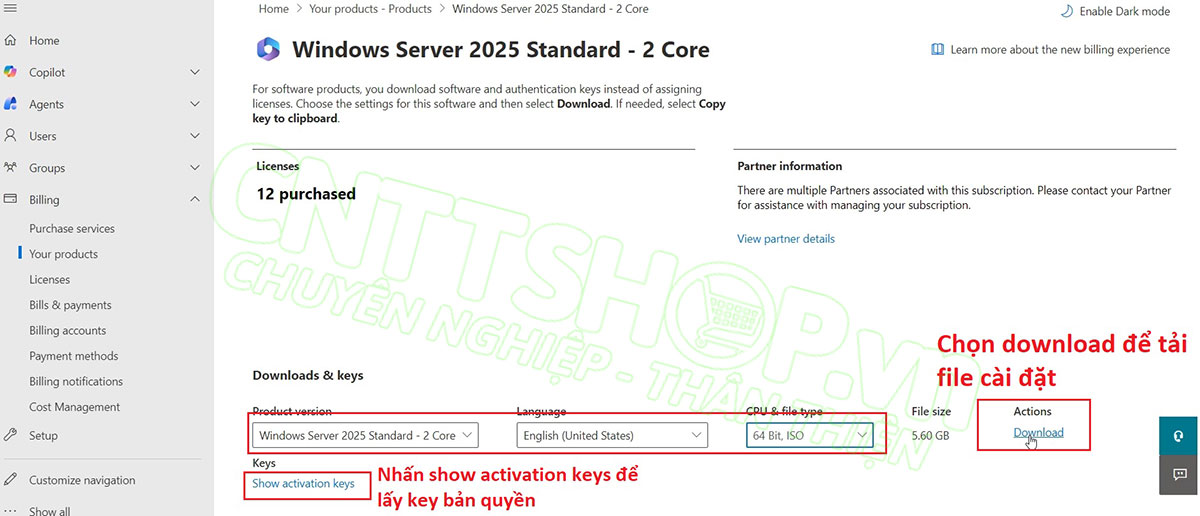 nhấn download để tải file cài đặt về, hoặc nhấn show activation keys để lấy key bản quyền