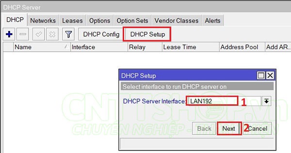 chọn dhcp server interface là LAN192