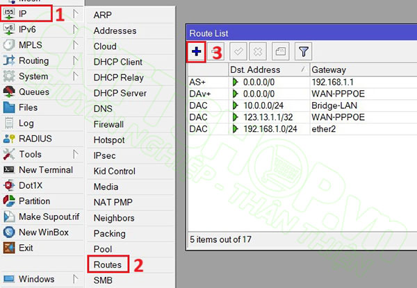 truy cập vào menu IP > ROutes