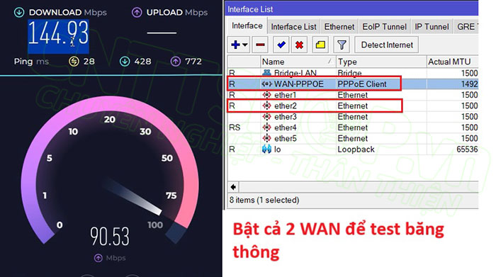 test băng thông khi sử dụng cả 2 wan