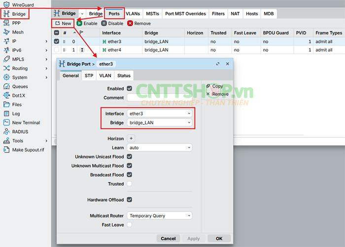 add các interface vào Bridge LAN