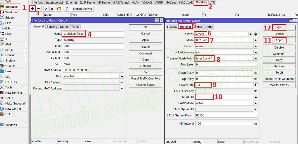 cấu hình MLAG trên switch 1 để tạo bonding xuống switch Cisco