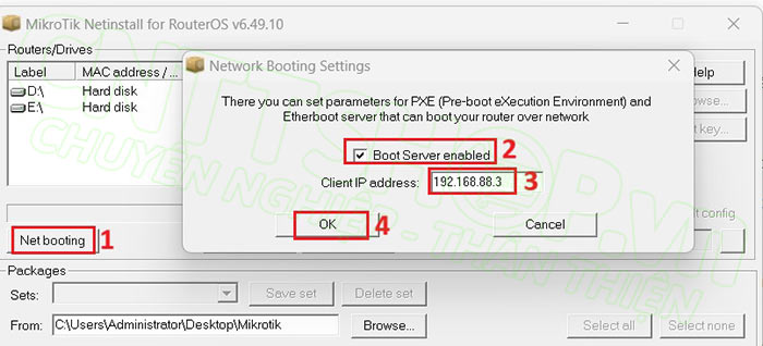tích chọn enable BOOT server và đặt IP cho Netinstall