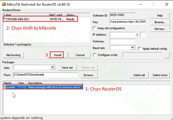 chọn RouterOS, chọn thiết bị và nhấn Install để cài đặt OS