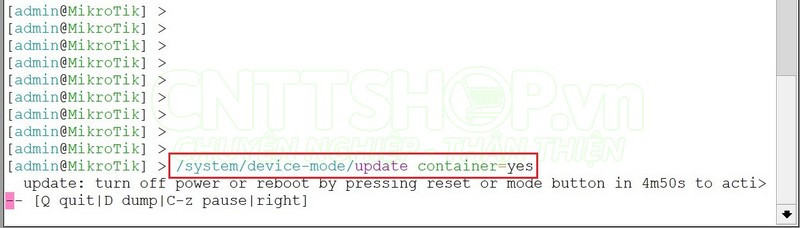 nhập lệnh /system/device-mode/update container=yes để kích hoạt container