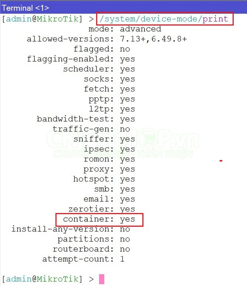 kiểm tra trạng thái container bằng lệnh /system/device-mode/print