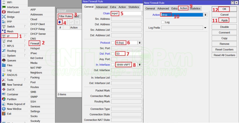 tạo firewall rule block dns port 53 từ ngoài internet vào