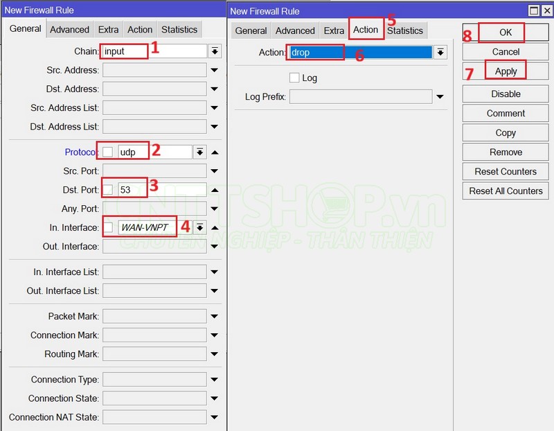 tạo firewall rule block DNS UDP port 53 từ ngoài internet