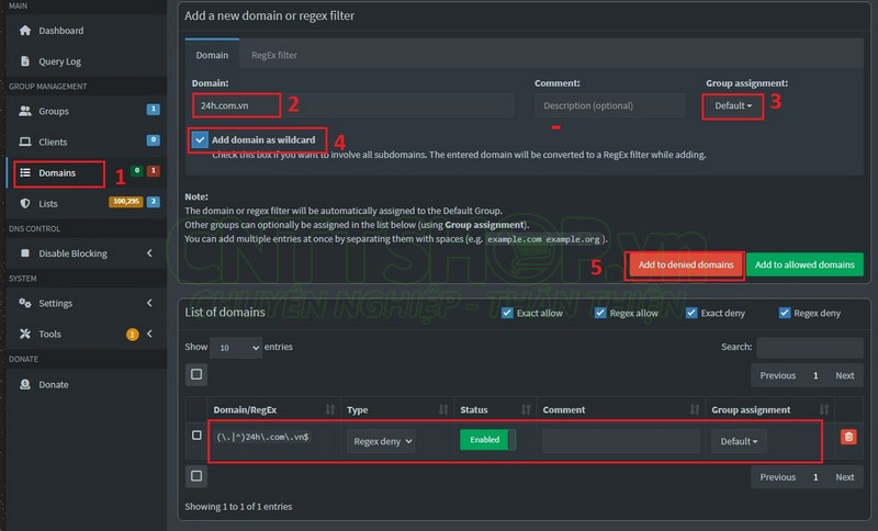menu domains để block các website mong muốn