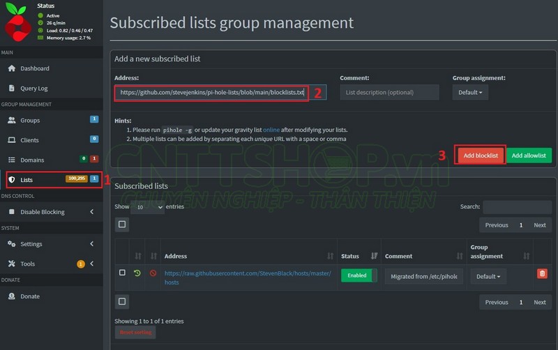 menu lists để block quảng cáo hoặc các website xấu được định nghĩa sẵn.