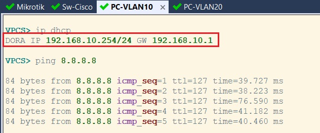 Ping thử PC từ VLAN 10 ra internet