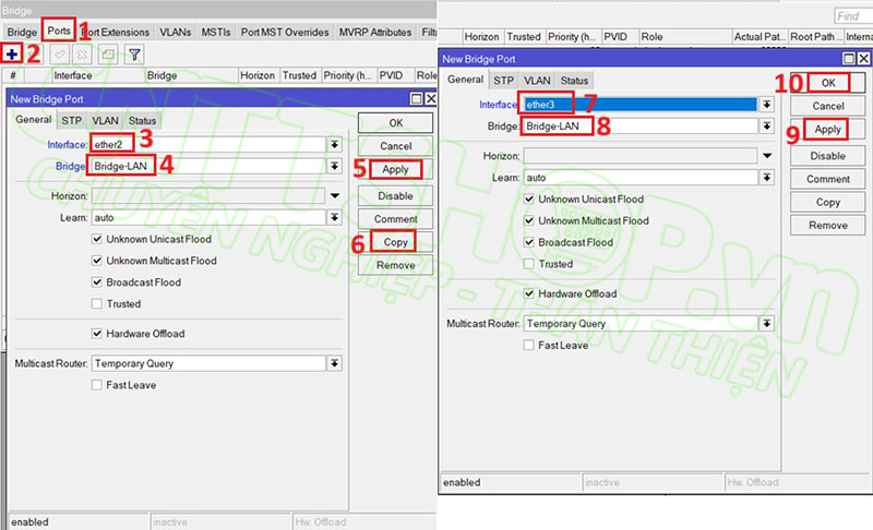 add port 2 và port 3 vào bridge LAN