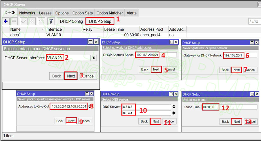 cấu hình DHCP server cho vlan 20