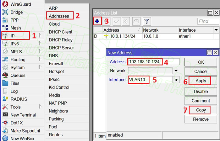 cấu hình IP address cho interface vlan 10