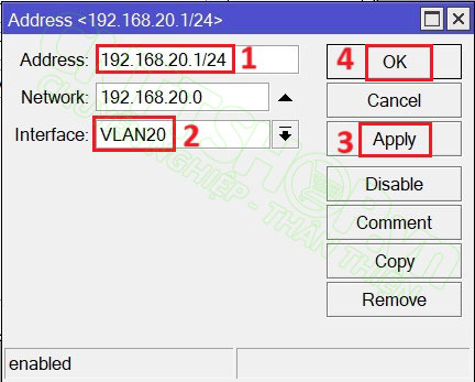 cấu hình ip address cho interface vlan 20