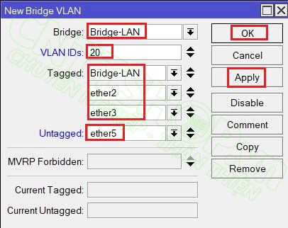 tagged các cổng vào vlan 20