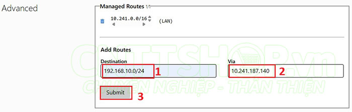 thêm route cho dải mạng LAN phía sau Mikrotik