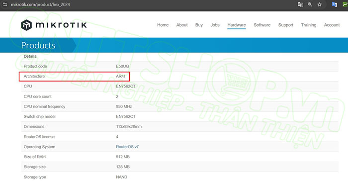 kiểm tra kiến trúc router trên website mikrotik.com