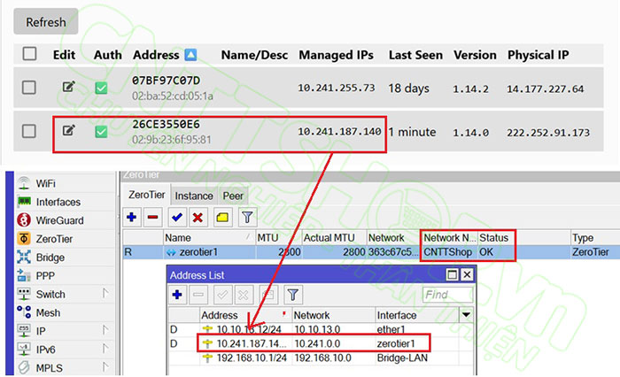 kiểm tra trạng thái của zerotier trên mikrotik