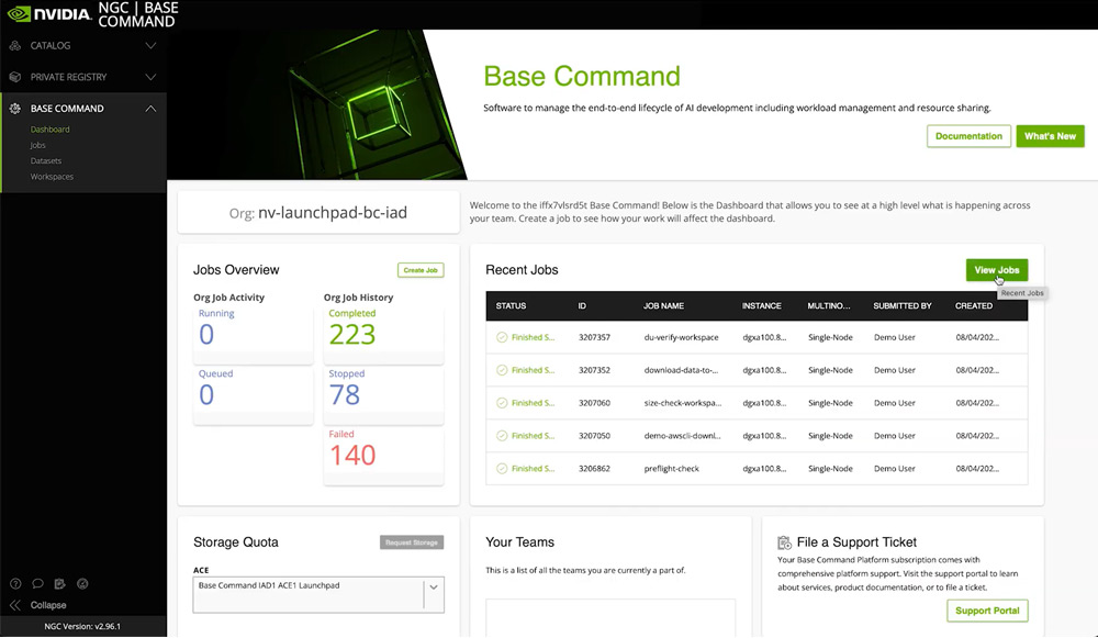 Giao diện quản lý của phần mềm NVIDIA Base Command