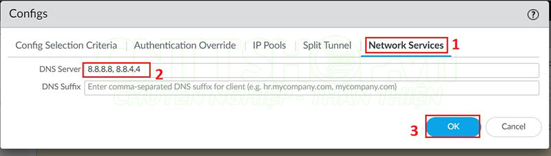 cấu hình DNS Server trong tab Network Services cho VPN clients