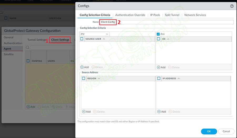 cấu hình trong table client settings