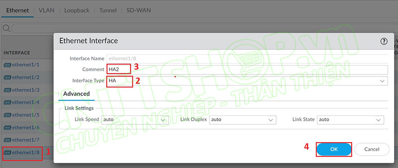 cấu hình cổng ethernet 8 thành HA2