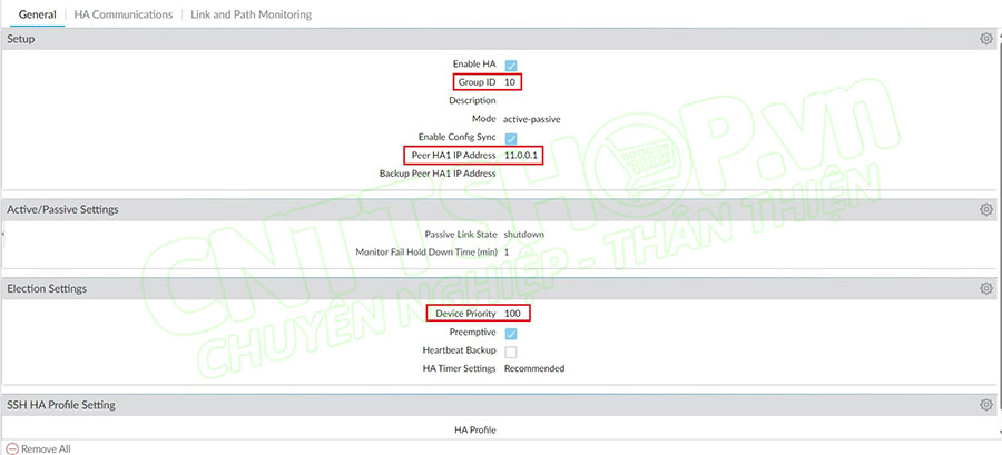 cấu hình thông số HA trong table general trên firewall passive