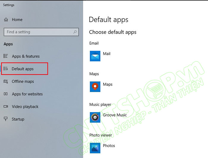mở default apps setting trên windows