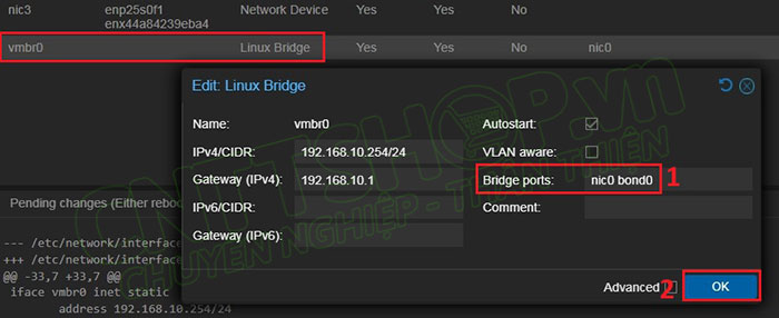 edit bridge vmbr0 để add thêm bond0 vào