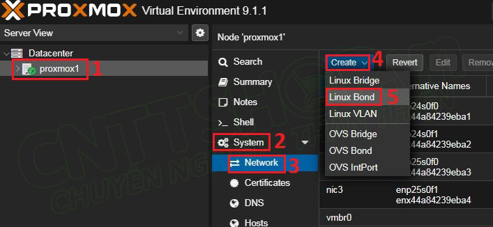 nhấn create và chọn linux bond để tạo 1 link aggregation