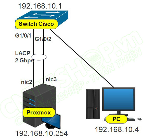 mô hình kết nối LACP giữa switch và proxmox