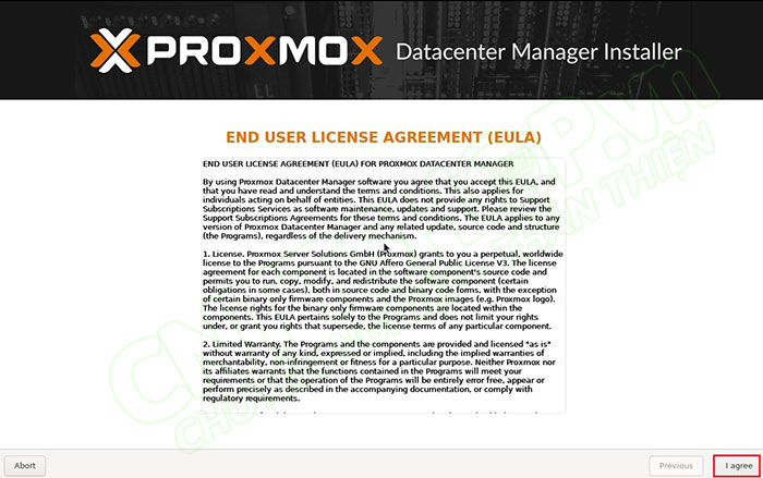 đồng ý các điểu khoản của proxmox