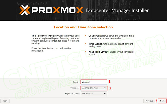 chọn country và time zone cho PDM
