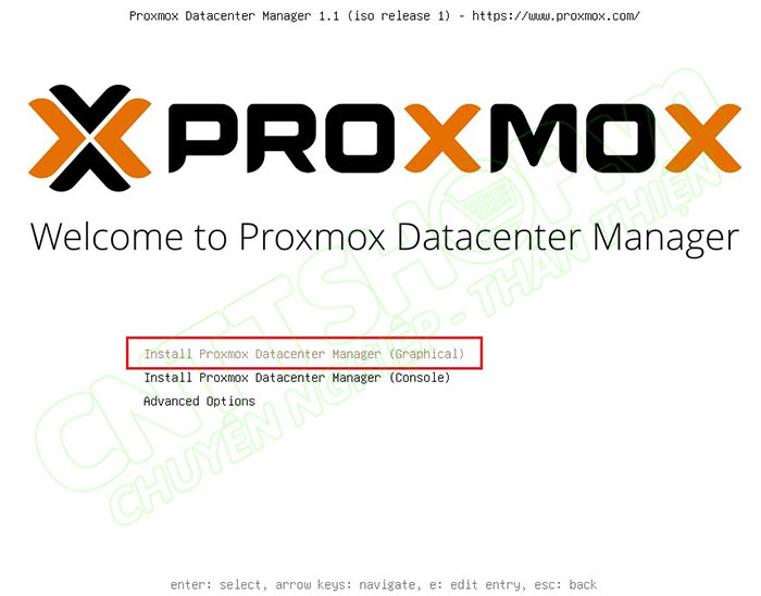 chọn install proxmox datacenter manager (graphical) để cài đặt bản giao diện web)