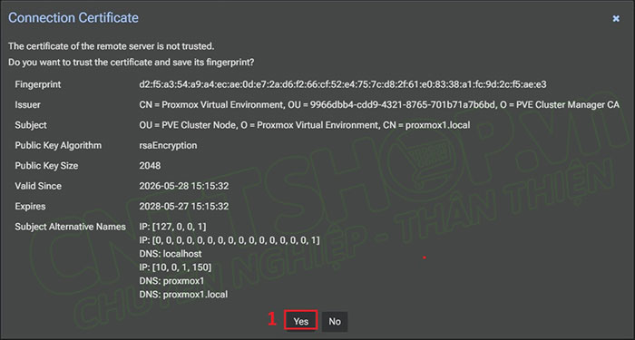 chọn Yes để trust certificate mặc định