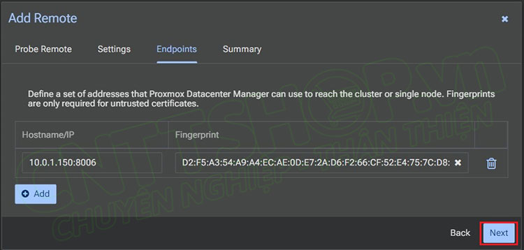 trong tab Endpoints, nhấn Next để tiếp tục add