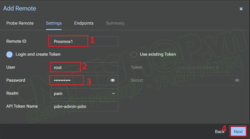 nhập Remote ID và tài khoản của node Proxmox VE