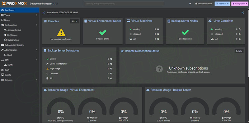 giao diện dashboard của proxmox datacenter manager